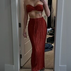 Fashion Nova Rust Red Strapless Two-Piece Pleated Maxi Set